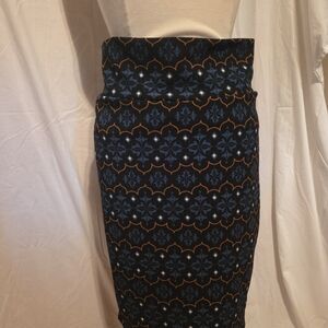 LuLaRoe Black and Orange Patterned Midi Skirt